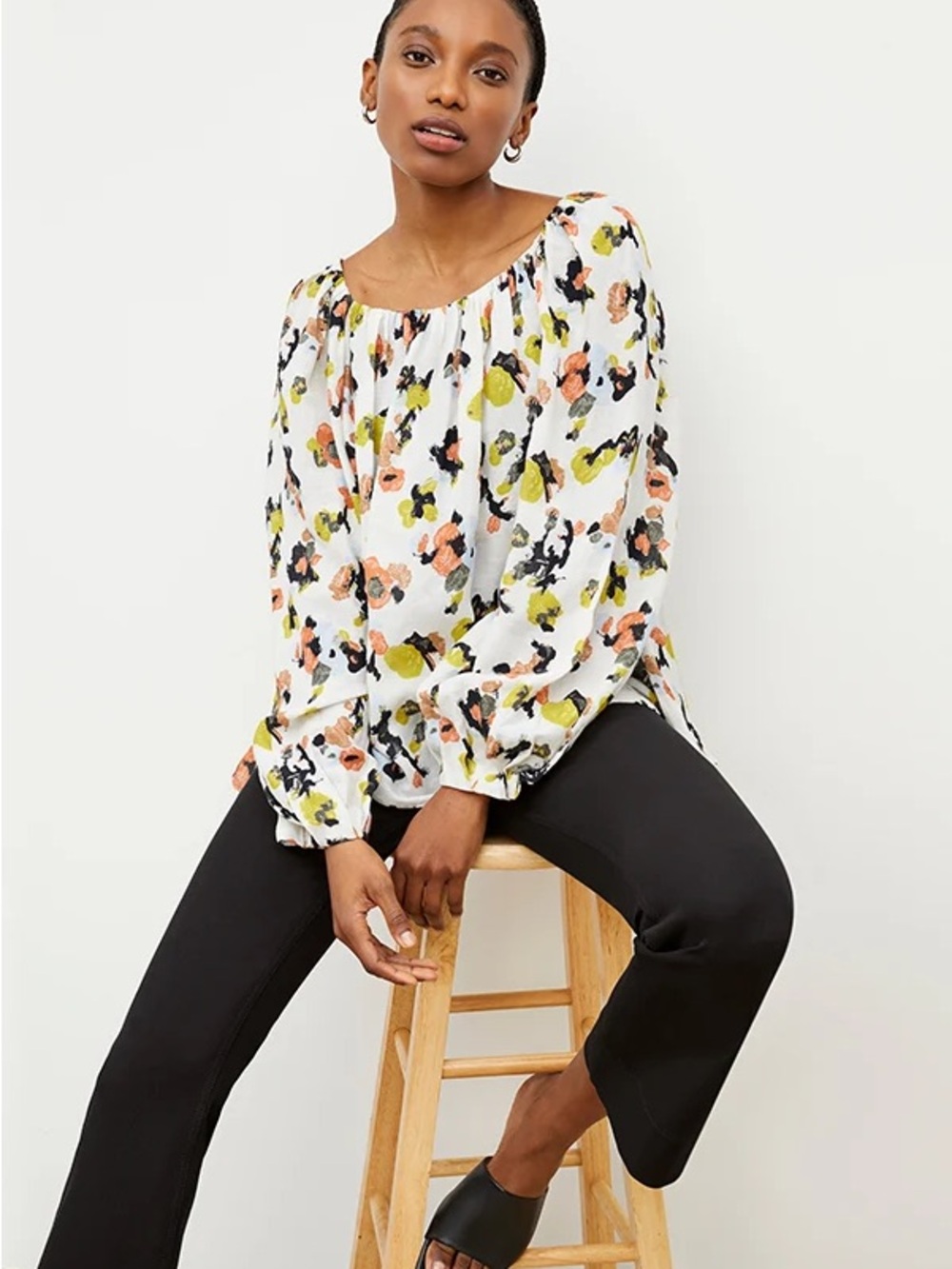 MM Lafleur Camilla Top in Meadow Print White Blouse with Pink, Green & Black
